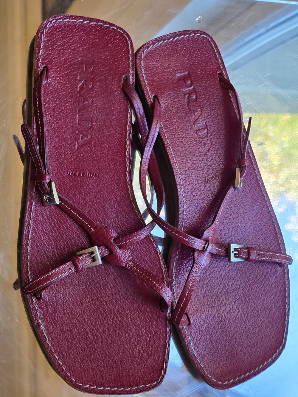 Prada Women’s Red Leather Thong Sandals Sz 37.5 Adjustable & Sexy